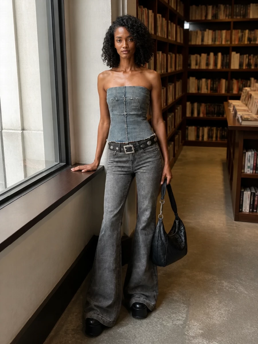 Rick owens drkshdw corset flared jeans platform boots