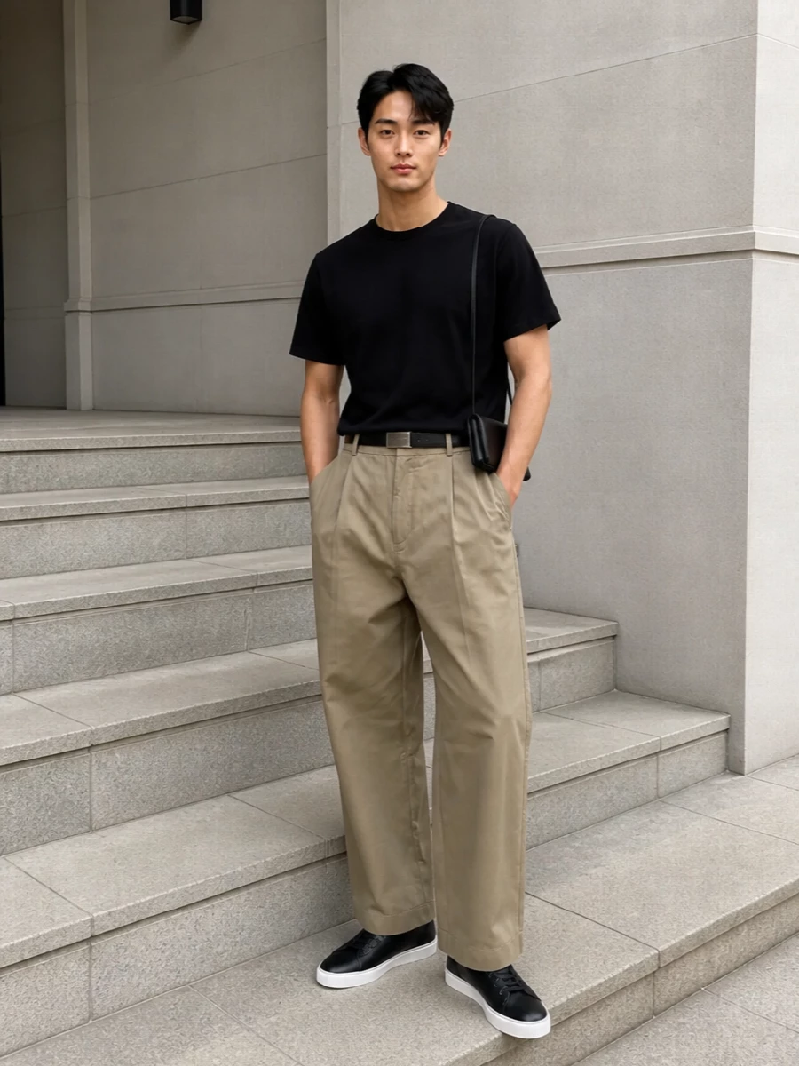 Studio nicholson khaki wide trousers black tee