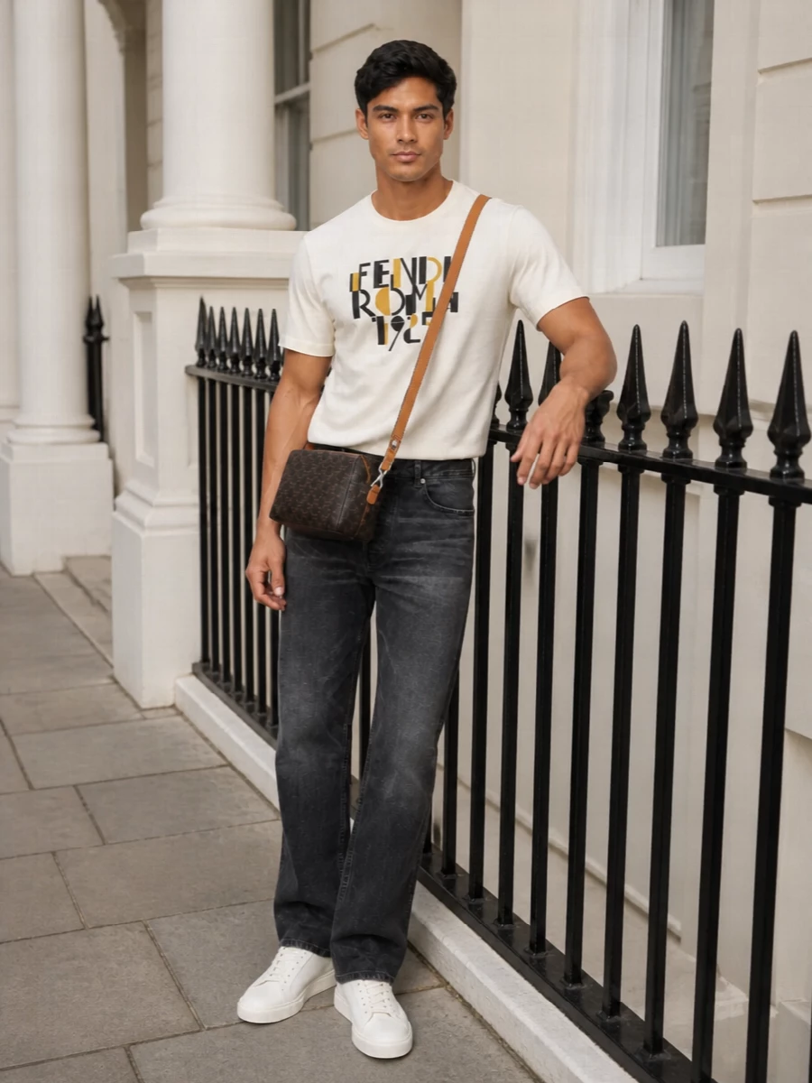 Fendi’s buttercream graphic tee is grounded with Celine’s dark-wash straight jeans for a clean, Roman-meets-Paris street mood. Off-white Celine court sneakers keep everything light and polished, while the structured Triomphe crossbody adds a quiet, logoed finish. The result is relaxed, premium and easy for city days that move from coffee to late-night taxis.
