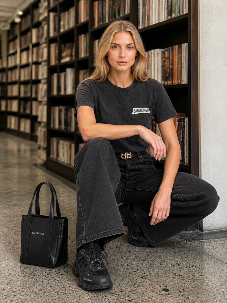 Balenciaga black logo tshirt wide leg jeans outfit