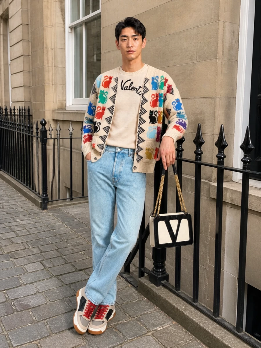 Valentino’s cat-intarsia cardigan stays the focal point, framed by a soft script knit and pale straight-leg denim for a playful, collegiate take on luxury streetwear. Beige, black and cream run consistently through sneakers and a graphic V-logo bag, so the bright accents read intentional rather than chaotic. It feels witty yet composed, perfect for city days when you want personality anchored by polish.