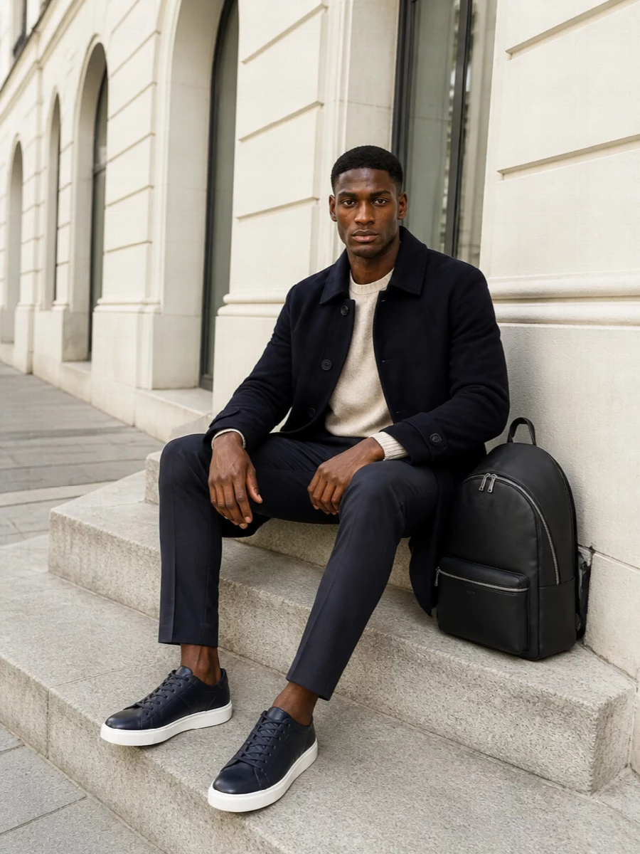 Herno navy coat beige sweater sneaker outfit