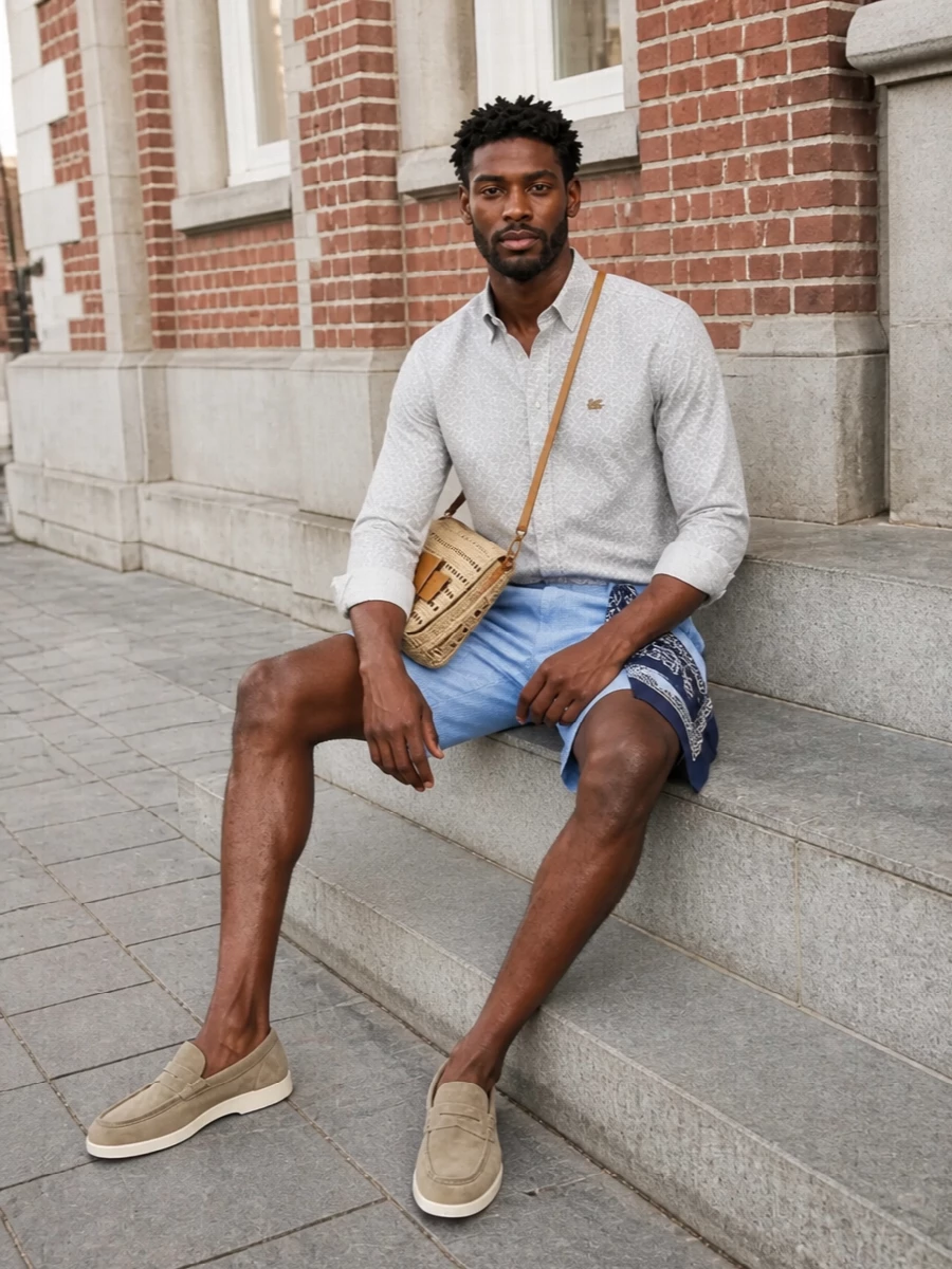 Etro’s micro‑print shirt pairs with the sky blue jacquard shorts for a clean, patterned take on warm‑weather tailoring that still feels easy. Taupe suede loafers keep it polished but relaxed, while the crochet shoulder bag and navy scarf add soft texture and subtle pattern for terrace lunches or city afternoons in the sun.