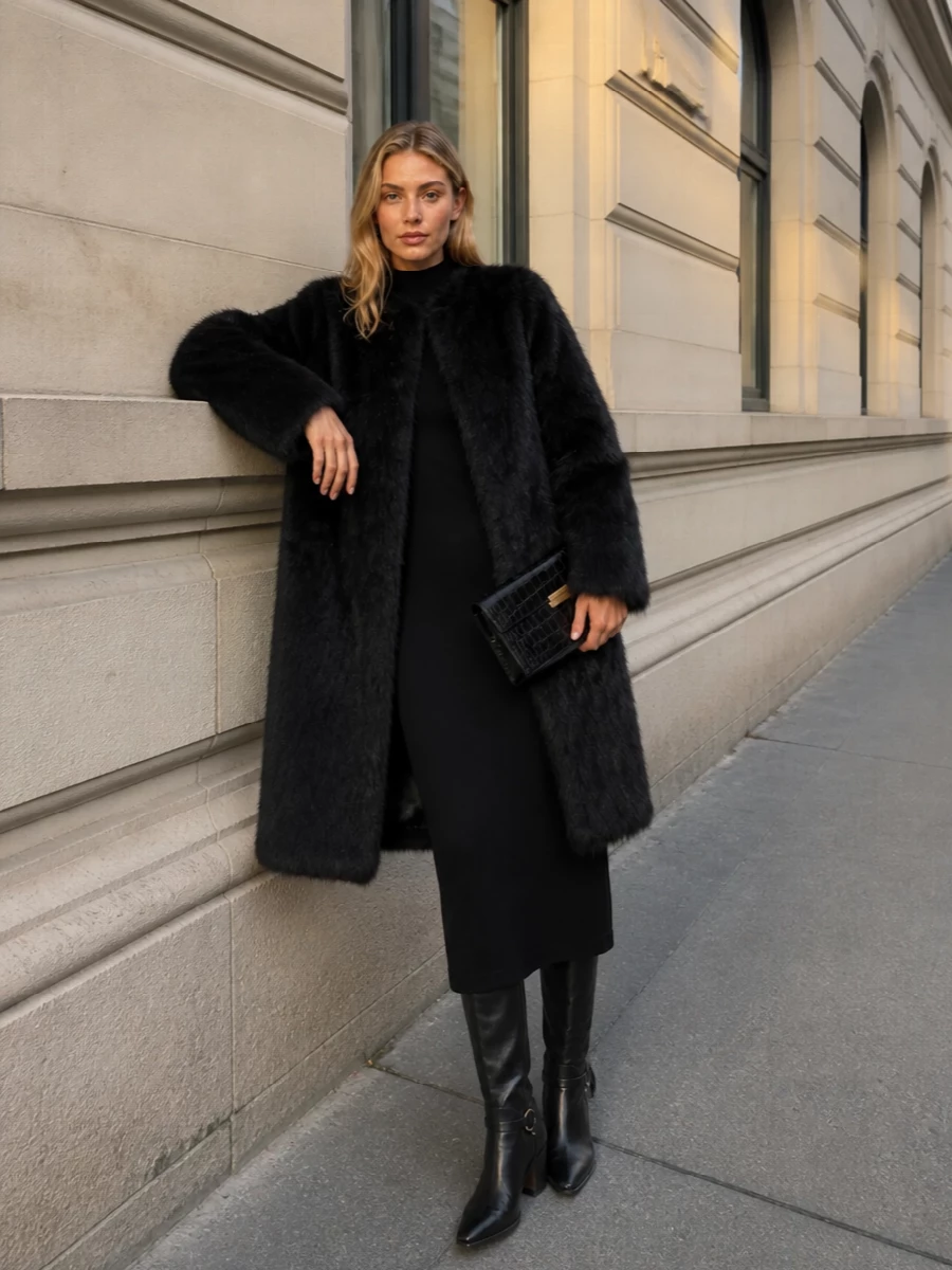 I am styling the coat with a dress rather than separates to preserve a single, uninterrupted black column so the faux fur reads intentional and sculptural rather than bulky. The Tom Ford knit maxi, over-the-knee boots, and small croc clutch work together as a nocturnal, quietly luxurious base, letting the coat act as dramatic outer shell without adding visual noise. The result is a long, sleek evening silhouette that feels powerful, minimal and very grown-up city after dark.