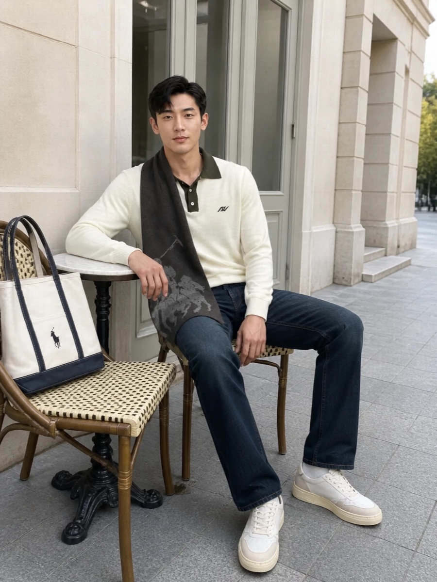 Autry polo sweater dark jeans sneakers