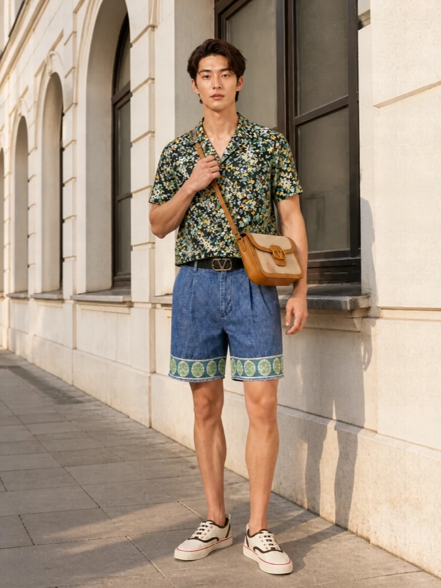 A floral camp shirt in black, mint, and yellow is pared back with washed denim tailored shorts that pick up the softer tones without more print. Ivory canvas sneakers and a structured beige-and-cognac crossbody keep the mood polished but relaxed, ideal for warm city days. A slim black belt sharpens the waist and quietly echoes the shirt’s dark base for a considered finish.