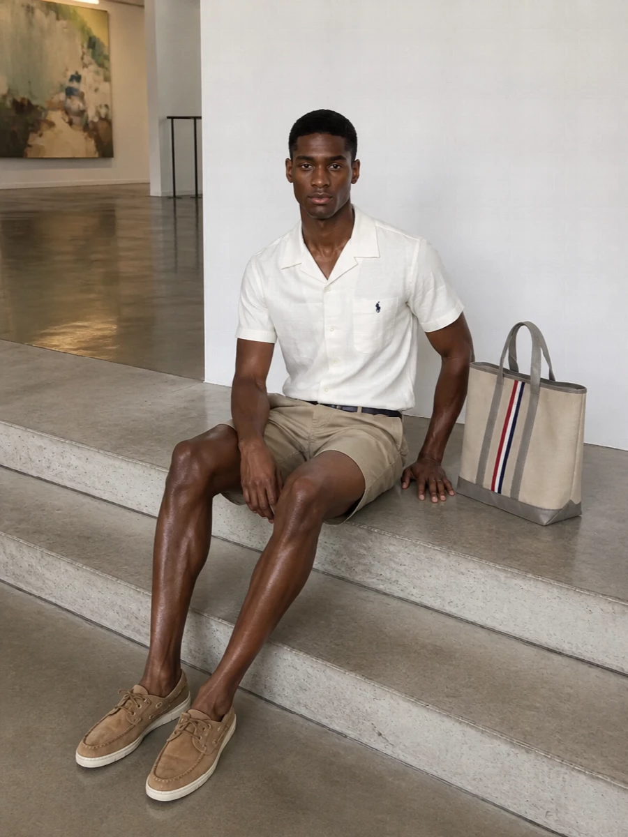 Polo ralph lauren khaki shorts boat shoes outfit