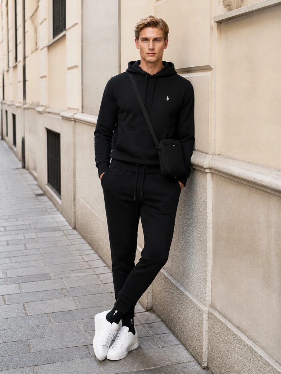 Ralph lauren joggers adidas white sneakers outfit