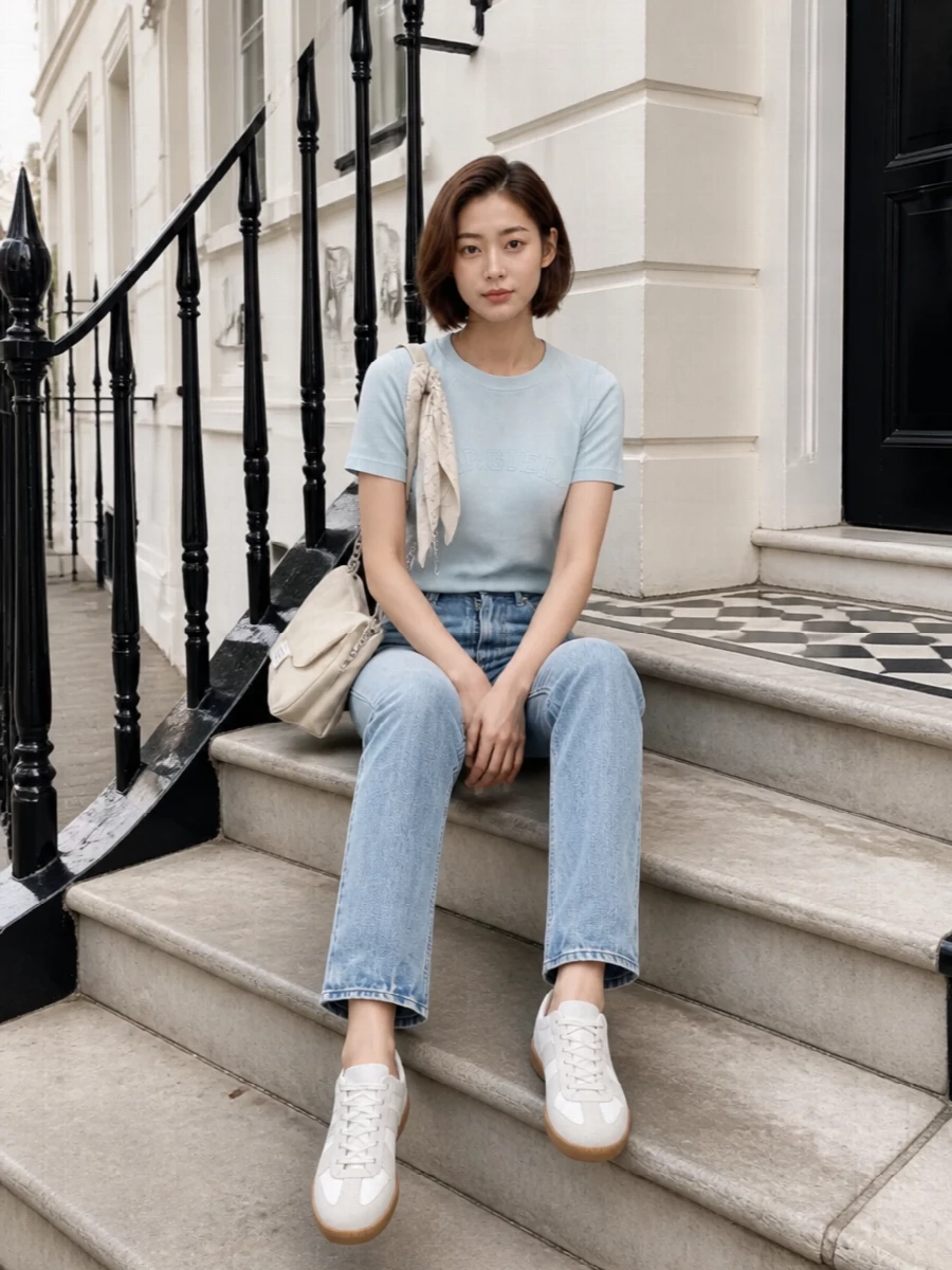Maison margiela pale blue tee light jeans outfit