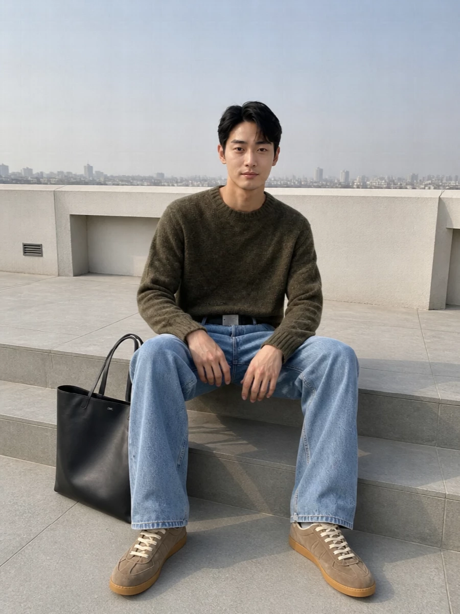 Softly faded wide-leg denim meets a brushed moss crewneck for a relaxed, urban take on quiet luxury. Taupe gum-sole sneakers keep the palette warm and grounded, while a structured black leather tote and discreet designer belt add just enough polish for city days that run long.