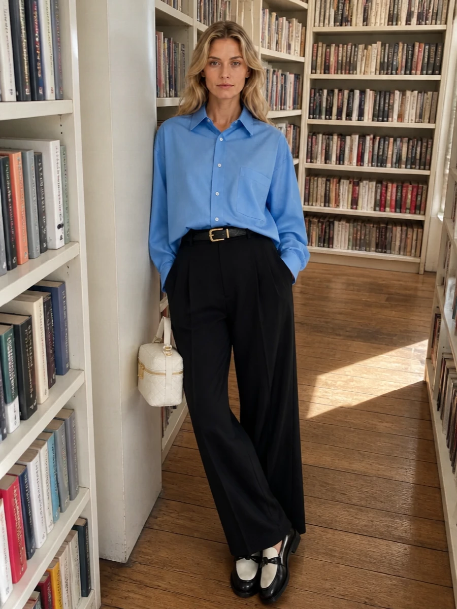 Bottega veneta blue shirt black wide leg trousers
