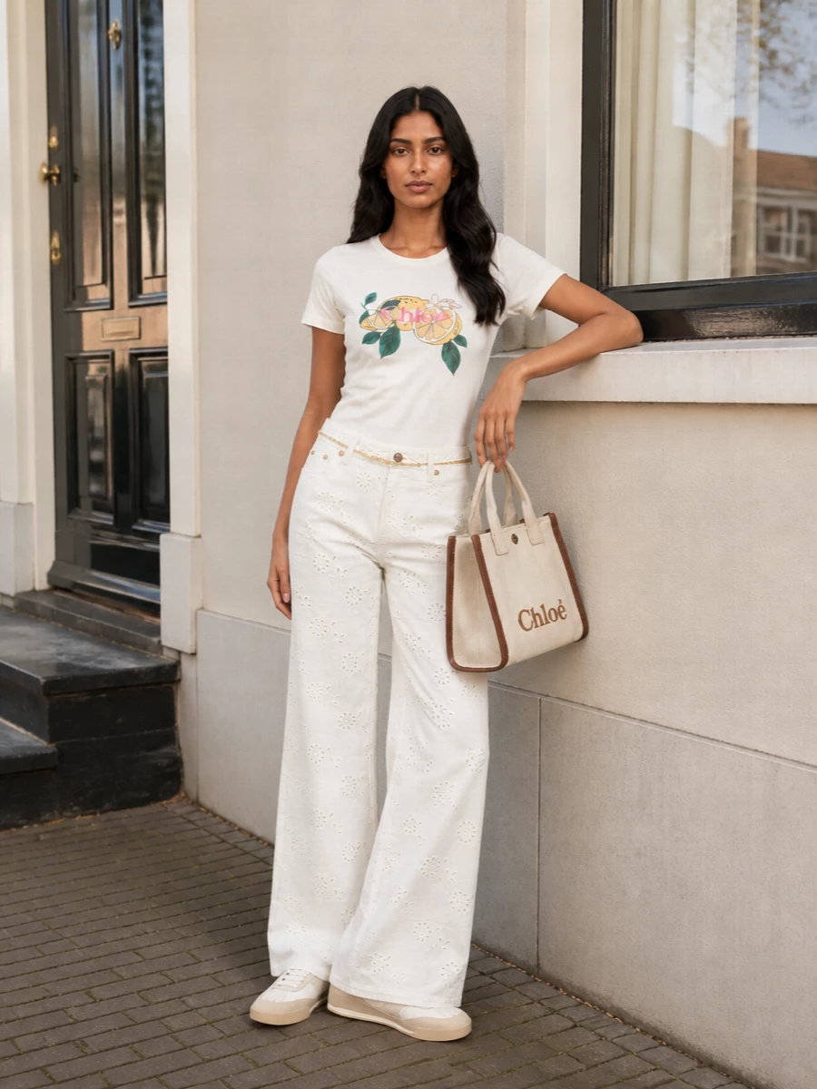 Chloe citrus tee white eyelet wide leg trousers