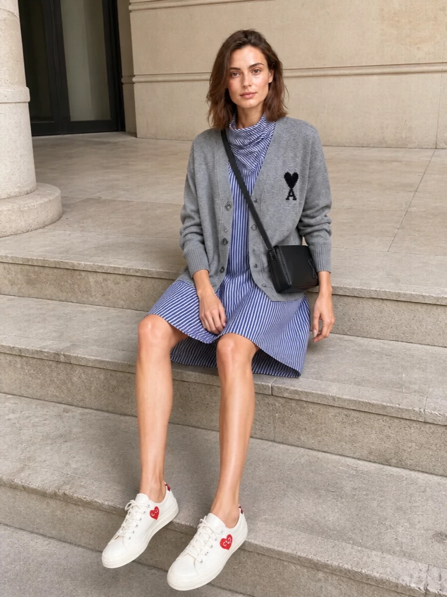 Ami cardigan striped shirt dress sneakers