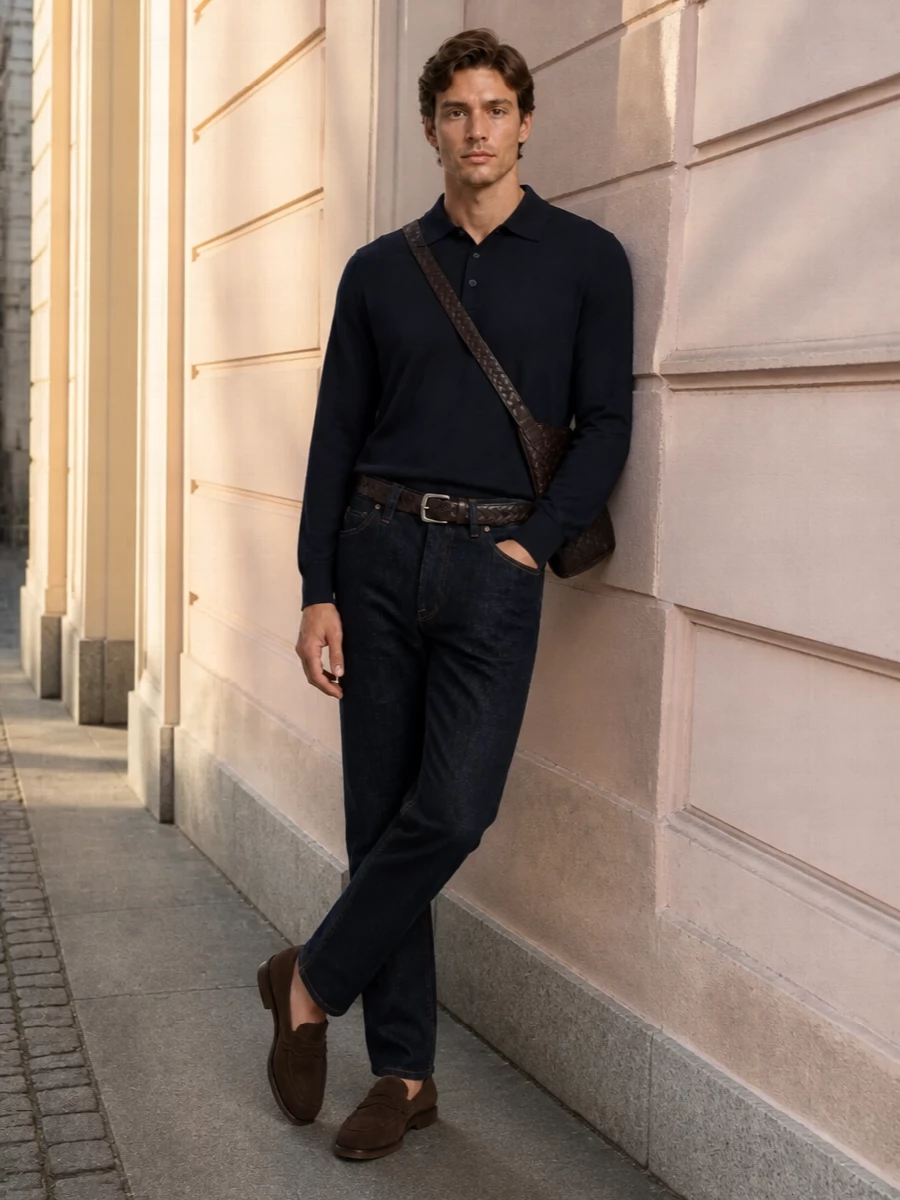 Brioni dark denim navy knit polo suede loafers
