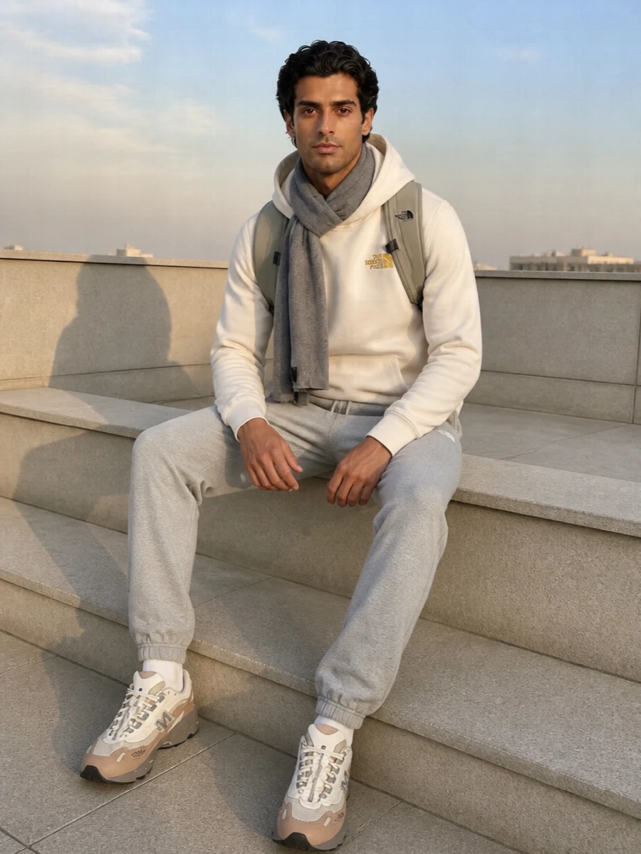North face cream hoodie grey joggers outfit