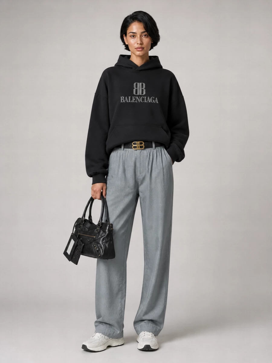 This is Balenciaga off-duty at its cleanest, pairing the slouchy logo hoodie with fluid grey track pants for a monochrome, sport-influenced column. Chunky neutral runners keep the palette soft but graphic, while a classic crinkled leather shoulder bag and discreet BB belt lend just enough hardware edge to feel distinctly city-ready.