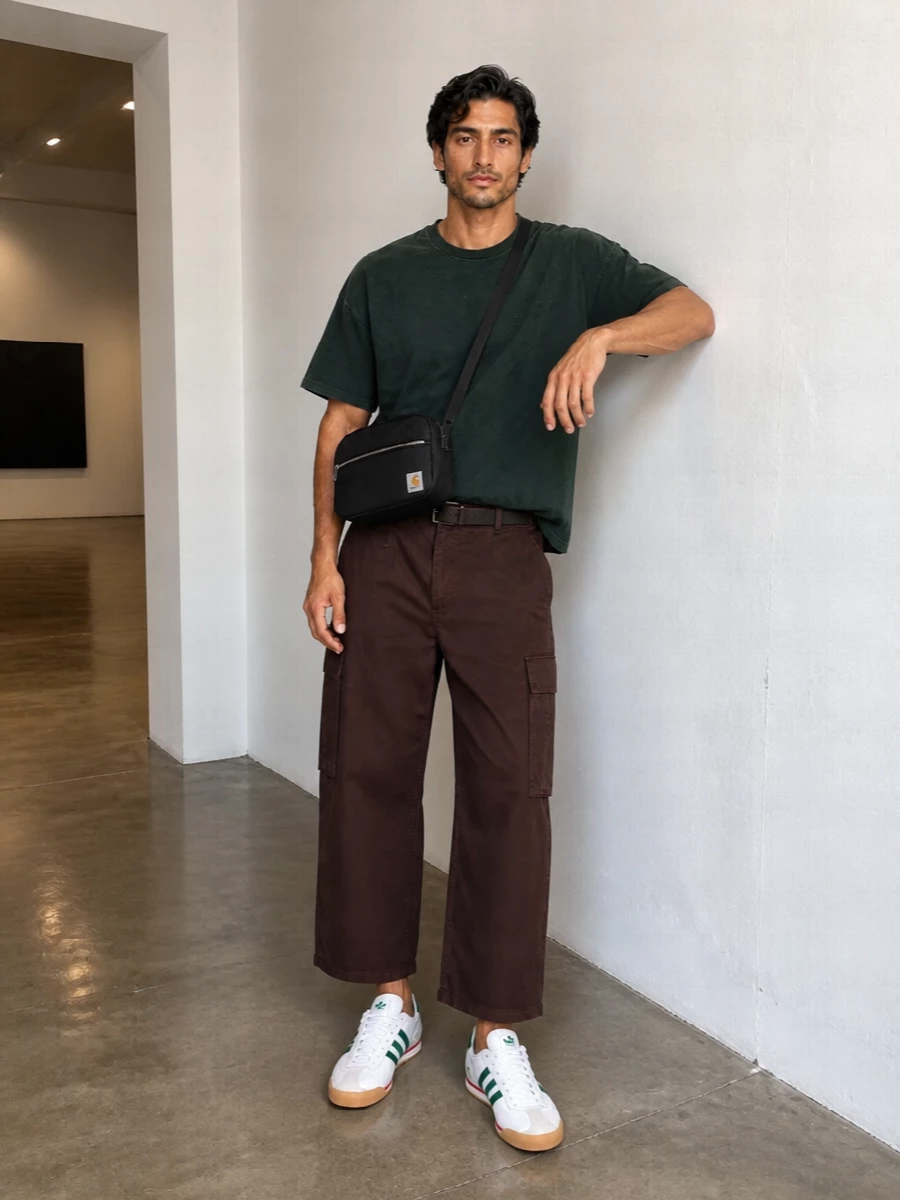 Carhartt cropped tee cargo trousers adidas sneakers
