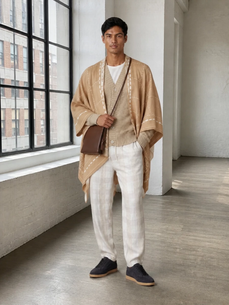 Fendi’s camel poncho sits over sand knit and featherlight checked trousers for a tonal, quietly precise take on warm weather layering. Sand suede sneakers keep the mood relaxed while a slim chocolate crossbody adds a discreet, grounded accent. It is polished enough for city days yet soft and fluid enough for travel and long, unhurried weekends.