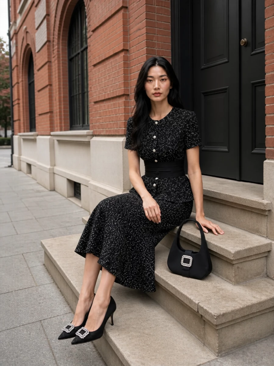 Dior sequin peplum top midi skirt vivier heels