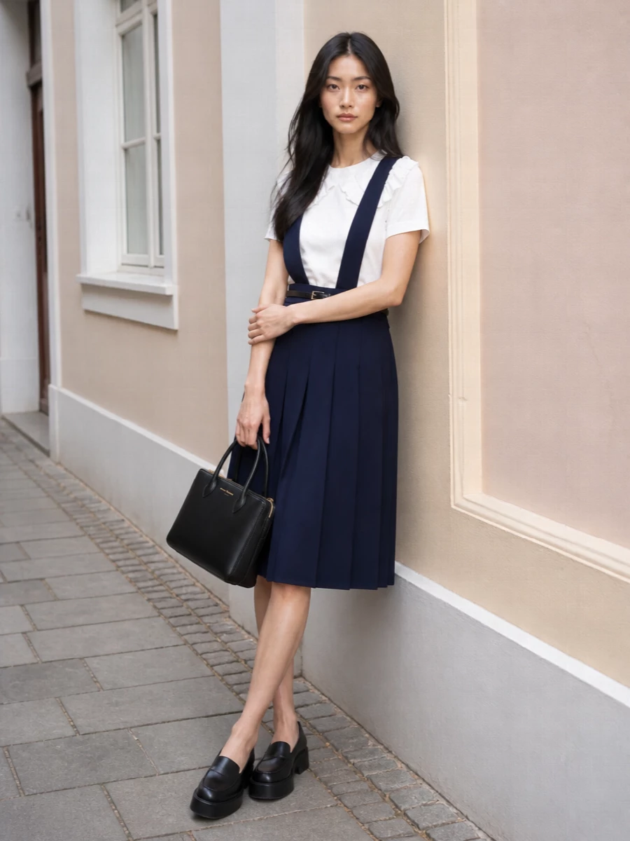 A navy suspender midi, sculptural black platforms and a crisp top-handle bag sharpen the uniform reference into something quietly graphic. The slim belt pulls focus to the waist, keeping the pleats clean and intentional. It feels studious yet offbeat, ideal for days when you want preppy codes with a distinctly Japanese twist.