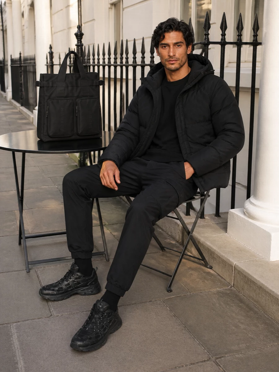 Ten c black padded jacket cargo pants outfit