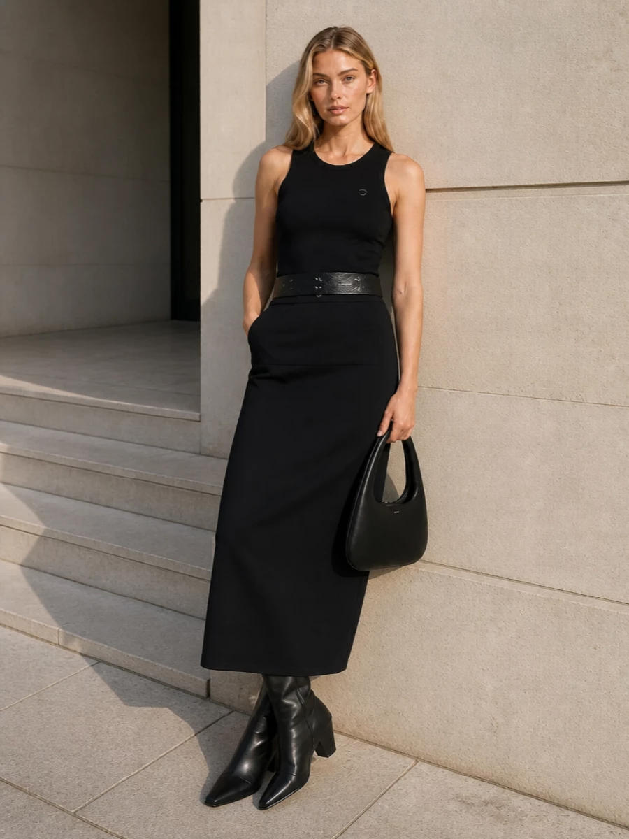 Coperni black tank maxi skirt knee boots