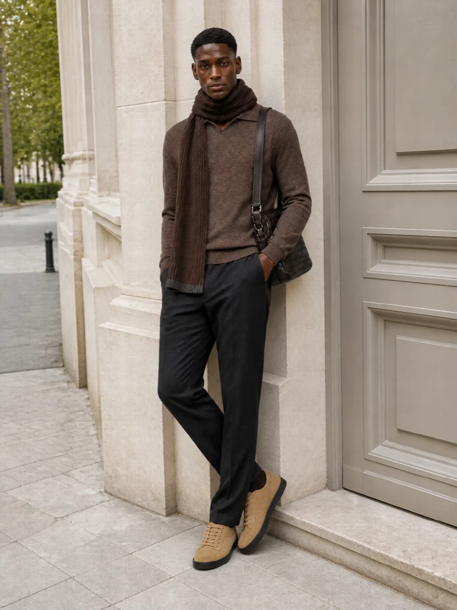 A mink-brown collared knit meets precise charcoal tailoring for a quiet, composed take on day dressing. Sand suede sneakers soften the line without losing refinement, while rich espresso leather at the shoulder and a matching mocha scarf deepen the warm, tonal story. The result is relaxed but assured, ideal for days when you want polish to feel completely unforced.