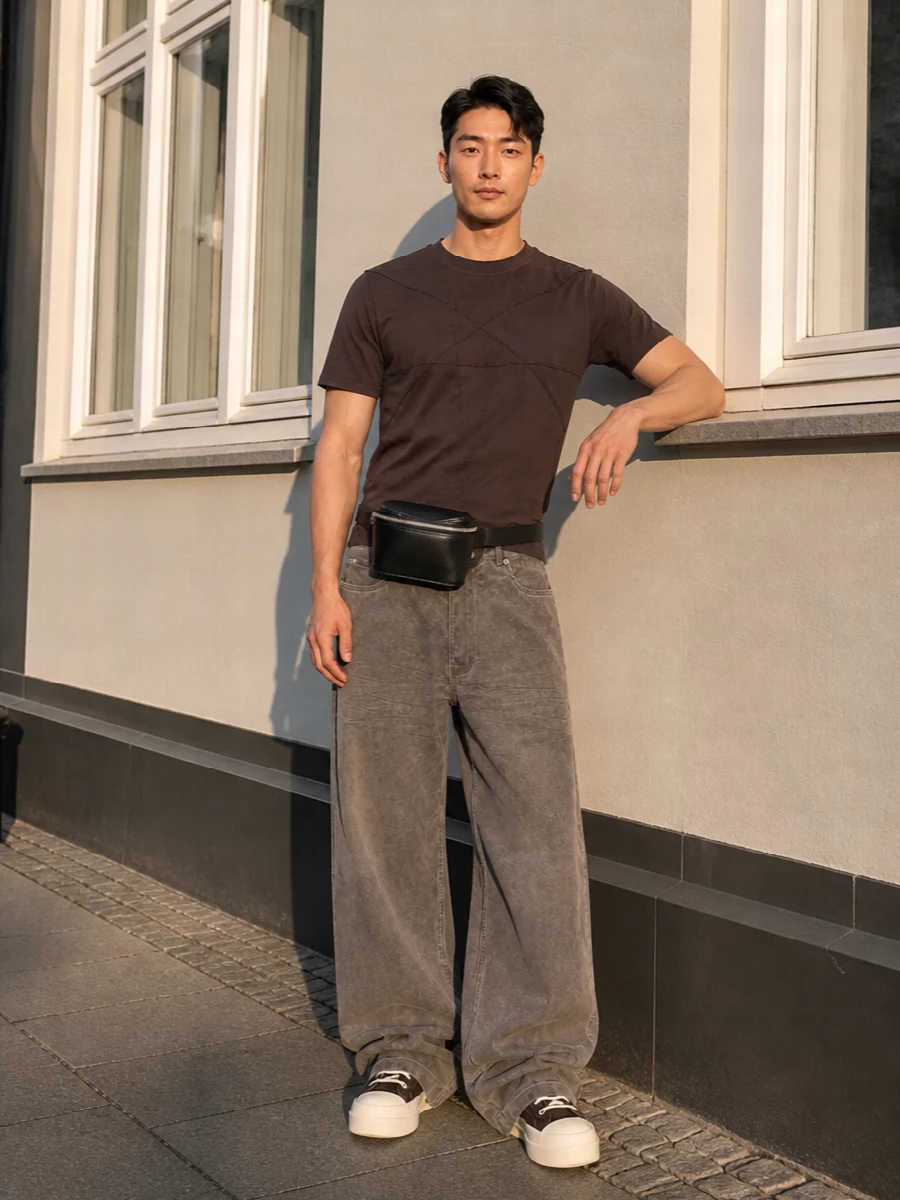 Rick owens drkshdw brown tee wide grey jeans