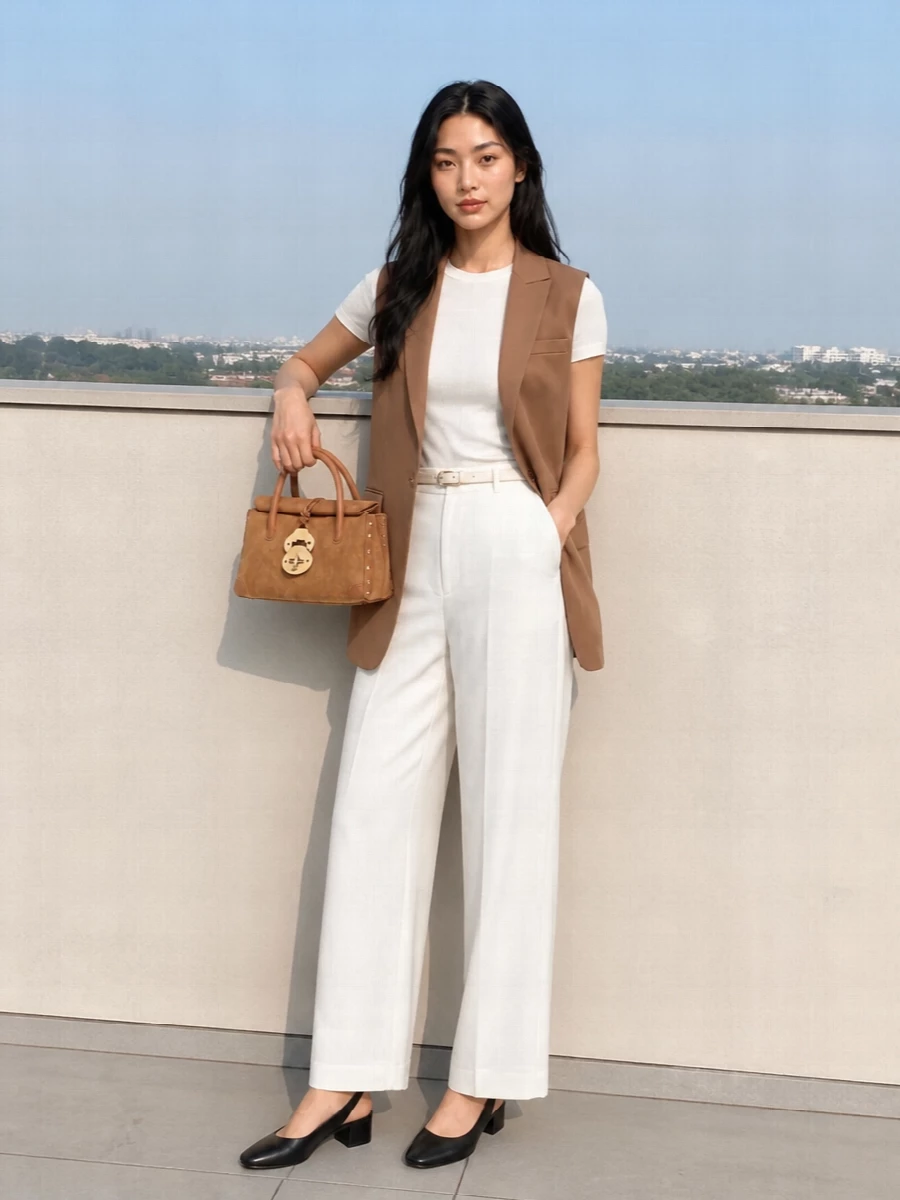 A long camel sleeveless blazer falls over high-waisted ivory trousers to create a clean, elongated line in soft neutrals. Black slingback sandals add a precise counterpoint, while the camel suede top-handle bag keeps the palette cohesive but textural. A slim buttercream belt quietly defines the waist so the proportions stay sharp yet relaxed for warm city days.
