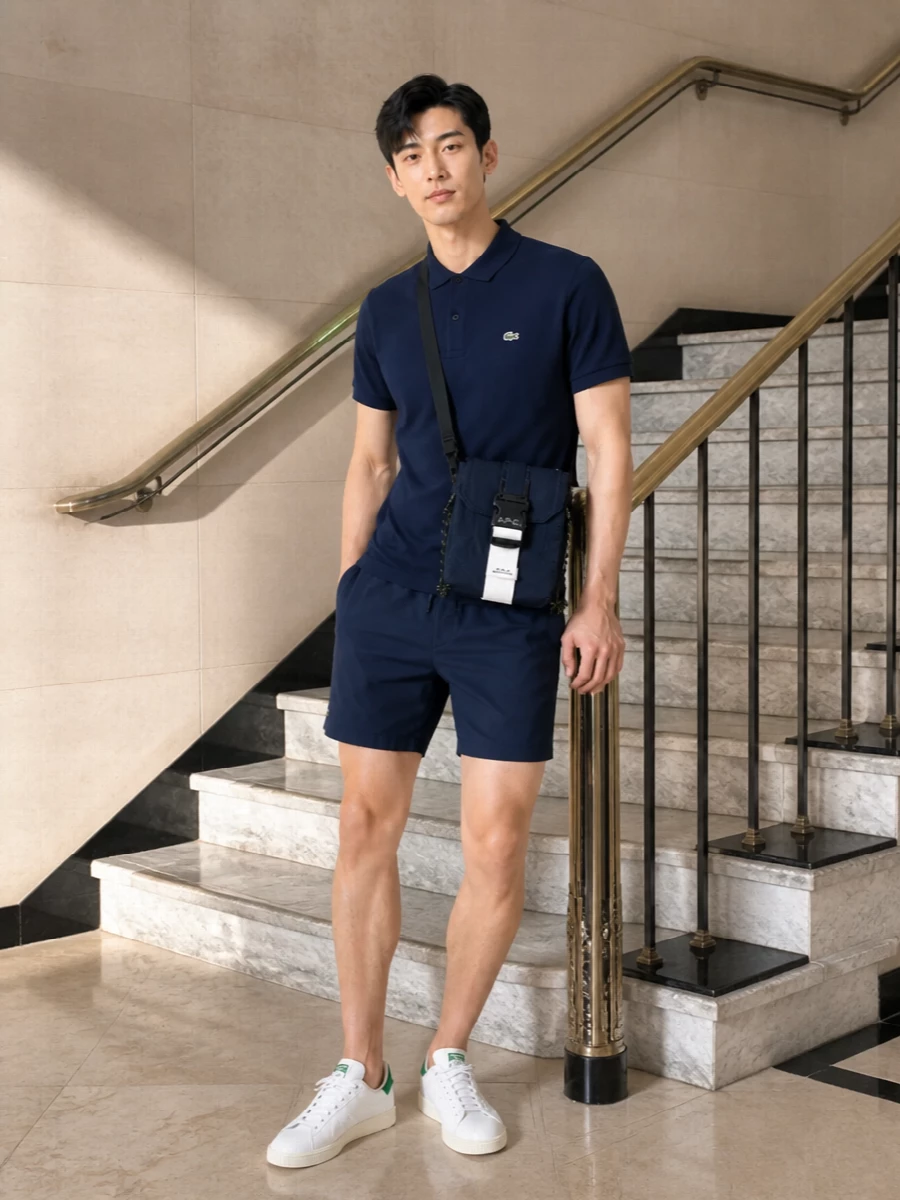 Lacoste navy polo shorts adidas sneakers