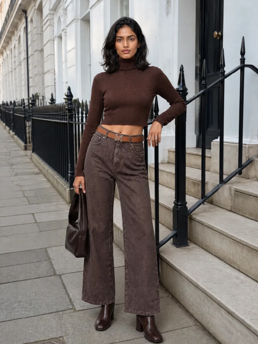 Sportmax’s washed brown wide-leg trouser meets a cropped chocolate knit for a quietly assertive, waist-focused silhouette. Dark Margiela ankle boots and a structured chocolate shoulder bag deepen the brown-on-brown story while a slim tan belt crisps the proportions. The result is relaxed winter polish that feels modern, minimal, and deliberately put together.