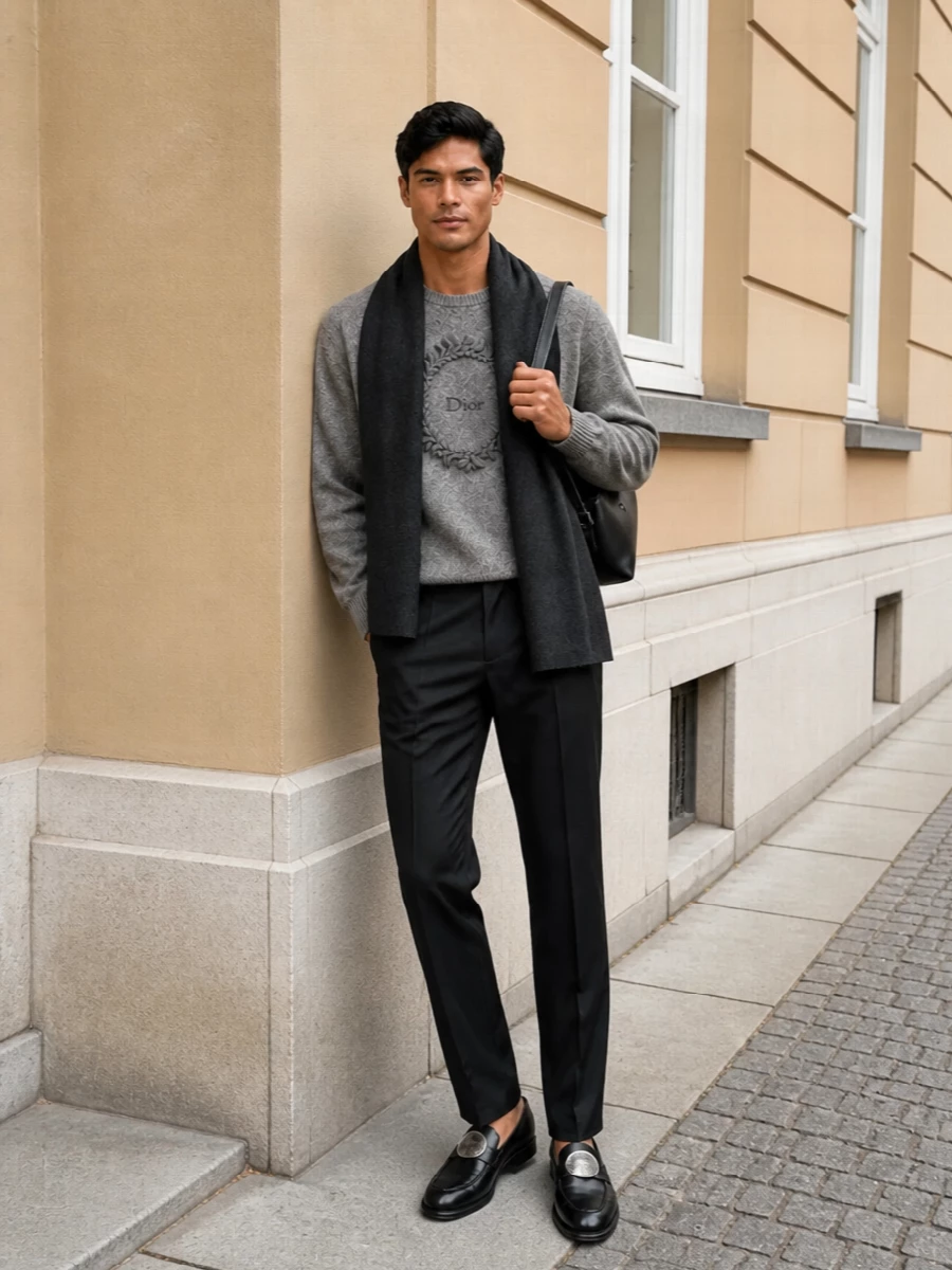 Grey on grey feels intentional here, with the textured Dior knit sitting cleanly over a sharply pressed charcoal trouser for a quiet, weekday-uniform kind of polish. Black loafers and a slim leather shoulder bag keep everything precise but relaxed, so the outfit moves easily from desk hours to a low-key dinner without a change. The added charcoal scarf simply deepens the tonal story when temperatures drop.