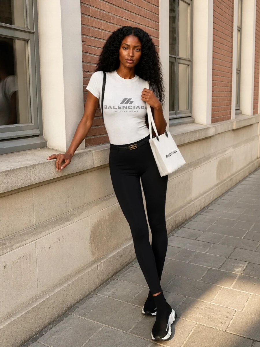 Balenciaga activewear tee black leggings outfit