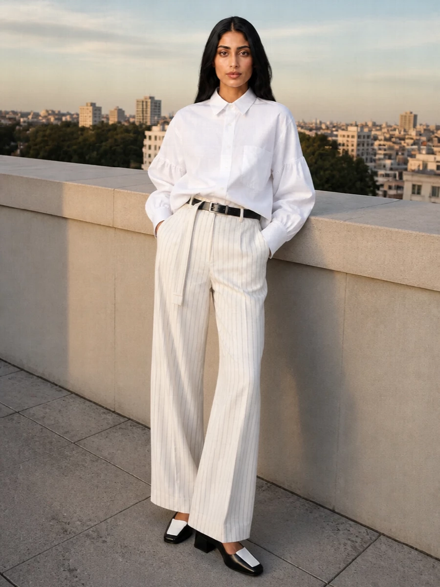 Sacai pinstripe trousers white shirt prada pumps