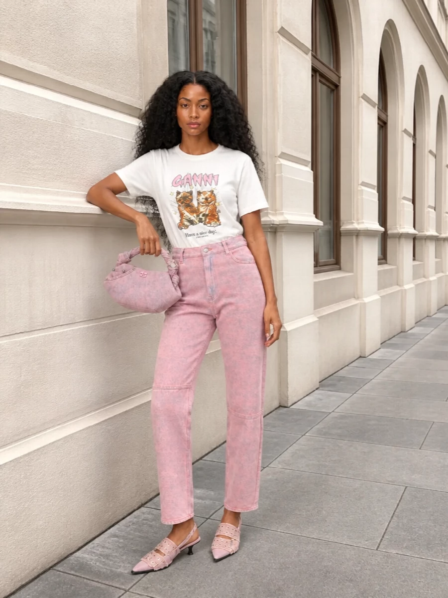 Ganni’s kitten tee meets bubblegum-washed denim for a soft, graphic take on streetwear that still feels neat and preppy. Dusty-pink slingbacks and a matching shoulder bag lean into the color story without losing the relaxed mood. The slim scarf is a light touch of polish that keeps the whole mix playful rather than precious.
