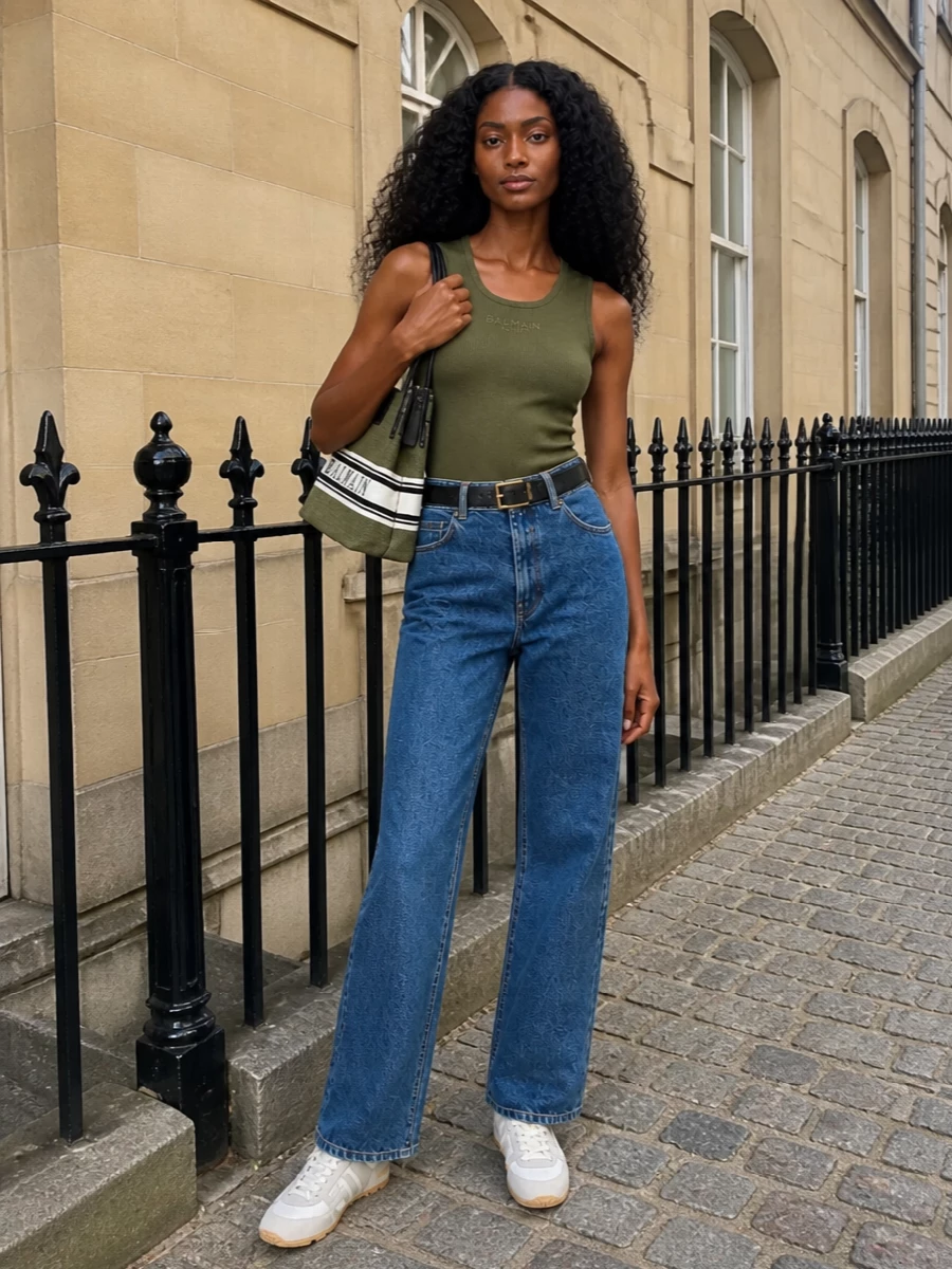 Balmain’s olive ribbed tank meets high-rise indigo denim for a clean, sport-inflected city uniform. Light grey runners keep it agile and modern, while an olive-striped shoulder bag and slim black belt add just enough structure and branding. The result is relaxed but precise, ideal for days that move between errands, coffee and casual meetups.