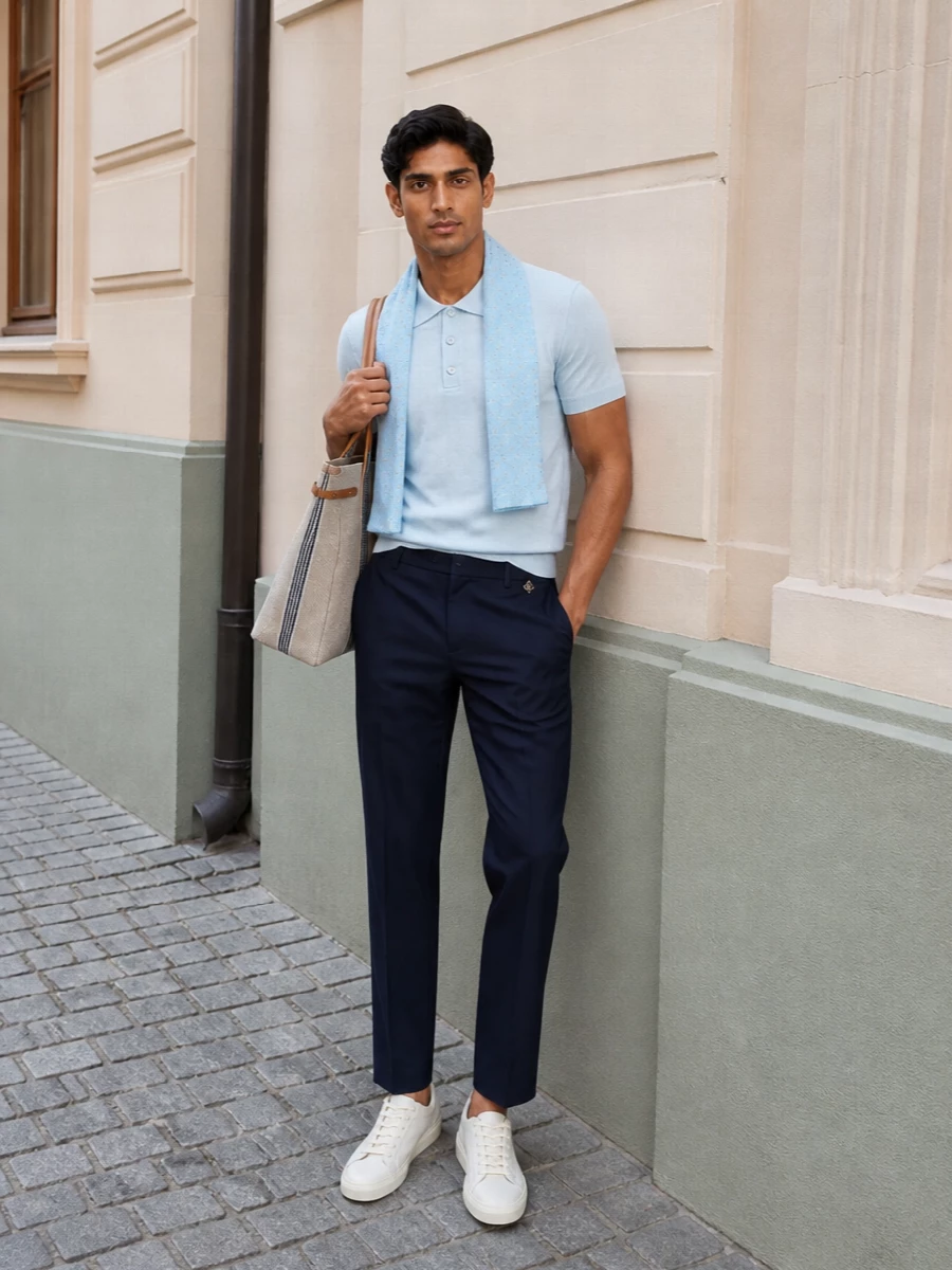 An ice-blue knit polo sits against deep navy tailoring for a crisp, country-club feel that is relaxed but clearly considered. Soft eggshell sneakers and a striped canvas tote keep the palette light, while a slim blue scarf adds just enough detail to stay interesting without cluttering the clean lines.