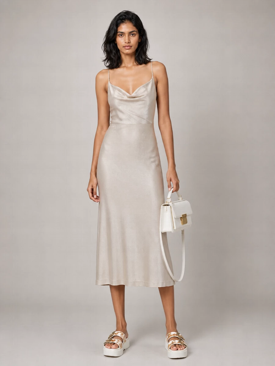 A champagne slip dress with the baroque-buckled slides creates a soft, neutral statement that still feels distinctly Versace, letting hardware and texture do the talking. The off-white mini bag keeps everything tonal and refined, ideal for summer dinners or city evenings when you want ease with a little drama. Choosing the dress route over separates keeps the focus on clean lines and the ornate sandals, rather than competing details.