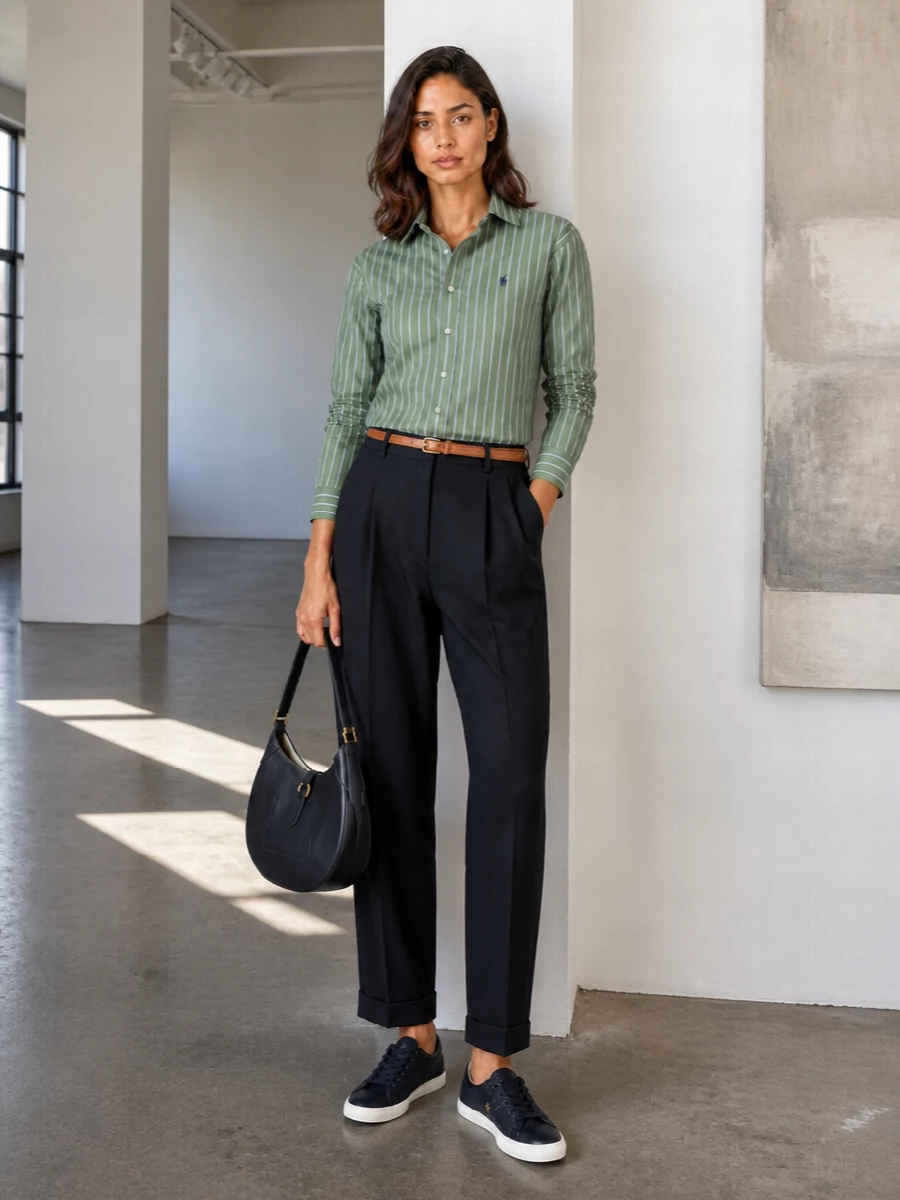 Olive stripes meet sharp navy tailoring for a crisp, collegiate take on everyday dressing. The high-rise pleated trouser and tonal sneakers keep it structured yet approachable, with the tan belt adding just enough warmth at the waist. Finished with a refined navy shoulder bag, it reads as quietly confident from campus to casual office days.