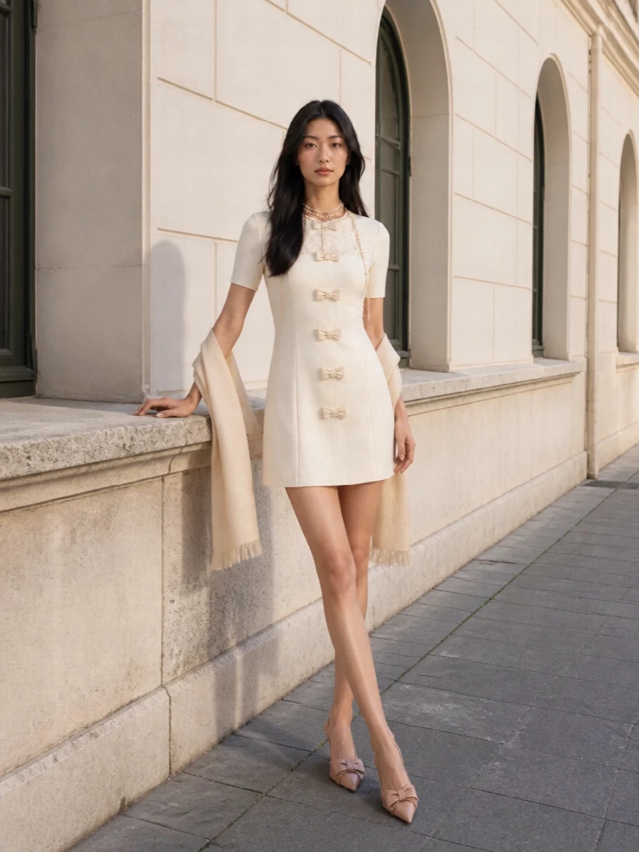 Valentino ivory bow mini dress blush heels
