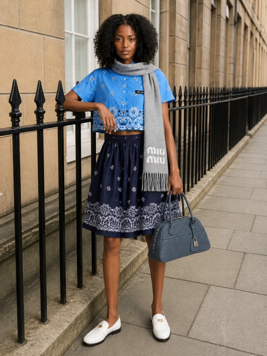 Miu miu bandana shirt skirt white loafers