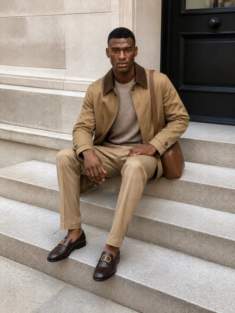 A camel-on-camel story anchored by deep brown accents keeps this ensemble calm, precise, and unmistakably refined. The straight trouser and regular mac trace a long, lean line, while the knit, loafer, and shoulder bag soften the tailoring into an easy city uniform. It is luxury that reads through proportion and palette rather than branding.
