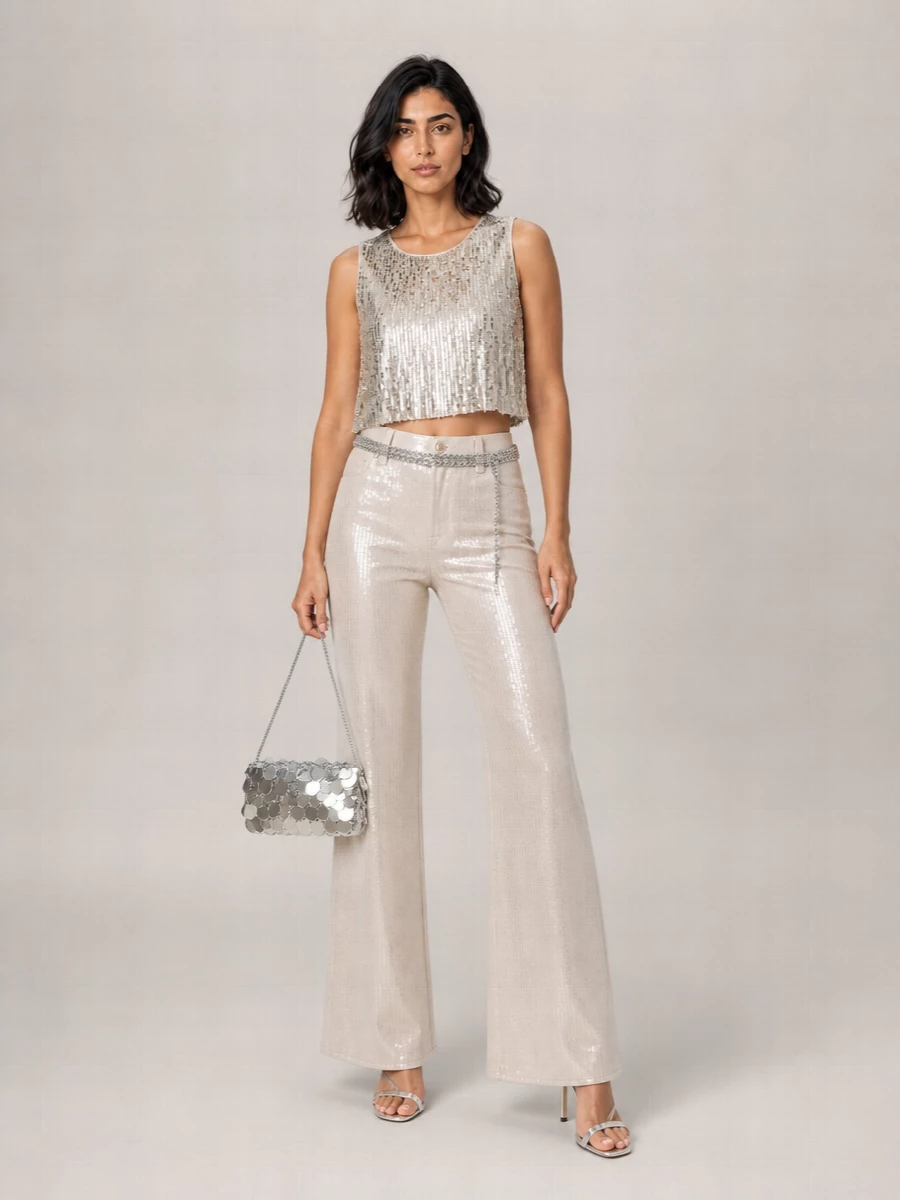 7 For All Mankind Cotton High-Rise Sequin Wide-Leg Trousers