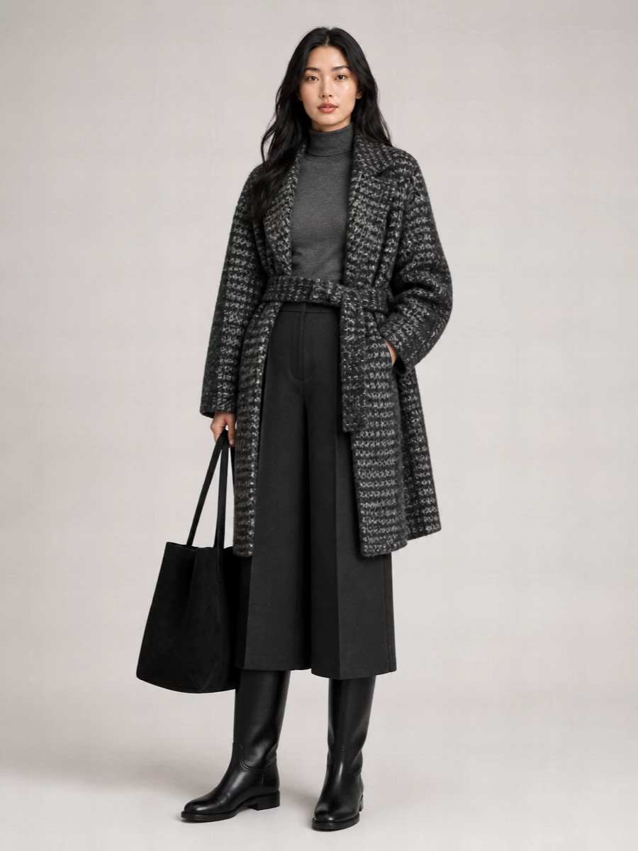 Brunello Cucinelli Mohair Blend Sequined Belted Macrocheck Oversized Coat