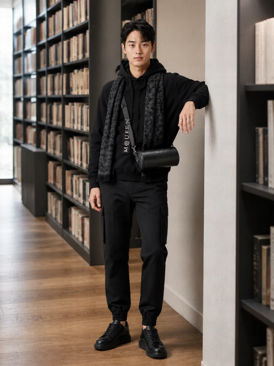 Alexander mcqueen black hoodie cargo pants outfit