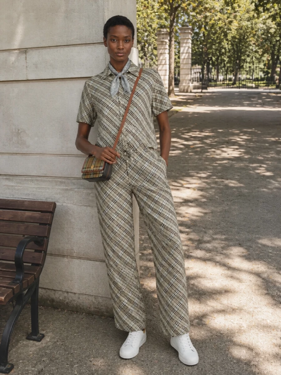 Burberry checked wide leg trousers white sneakers