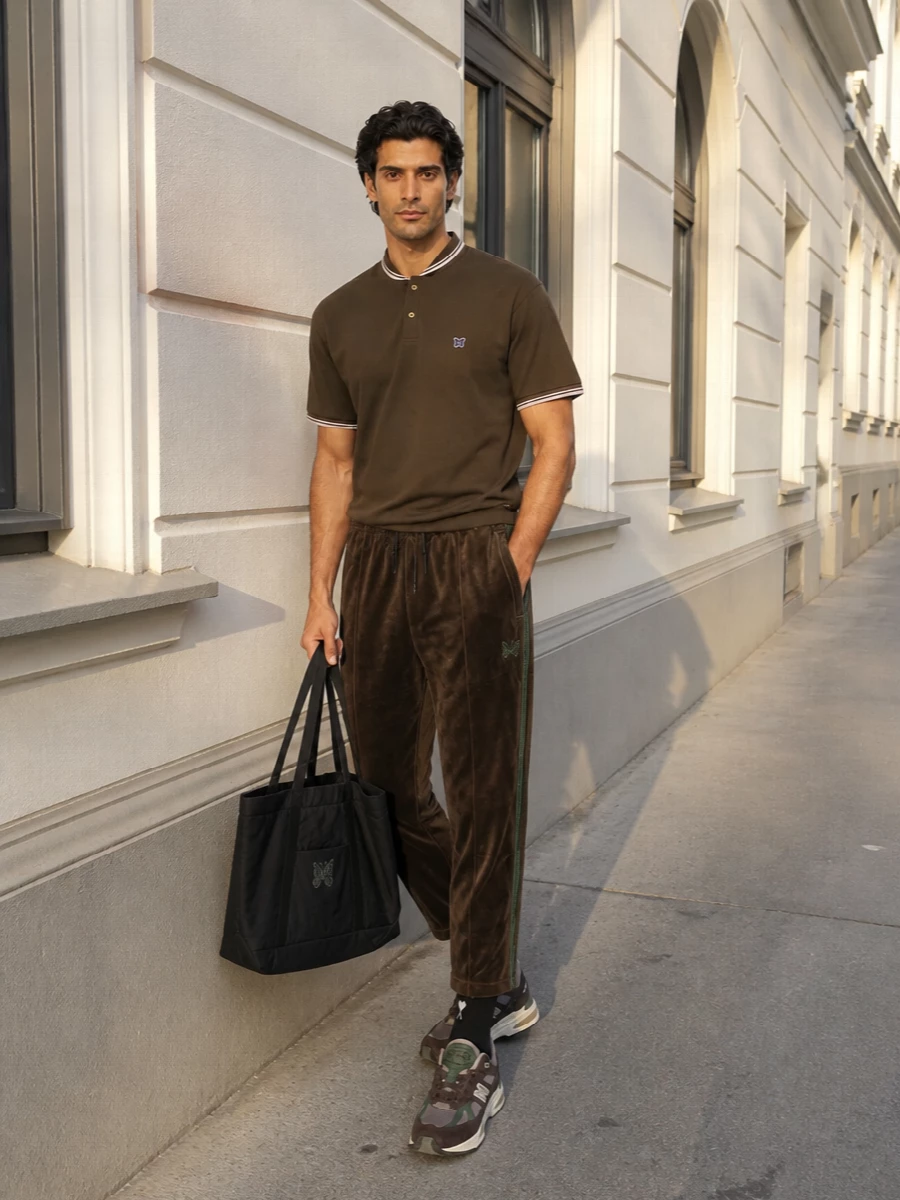 Needles track pants brown polo new balance outfit
