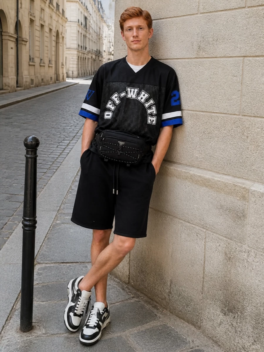 Off white jersey bermuda shorts streetwear outfit
