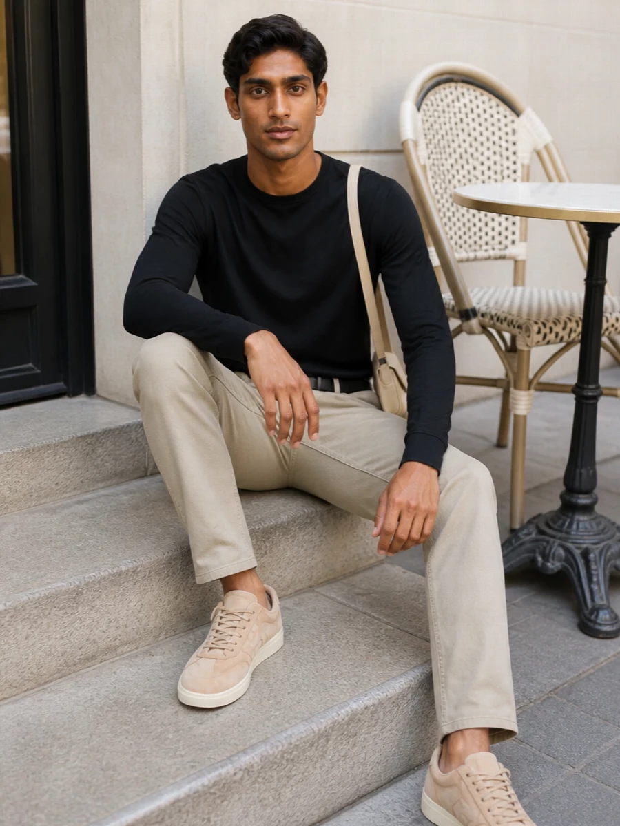 Zegna black sweater beige trousers sneakers