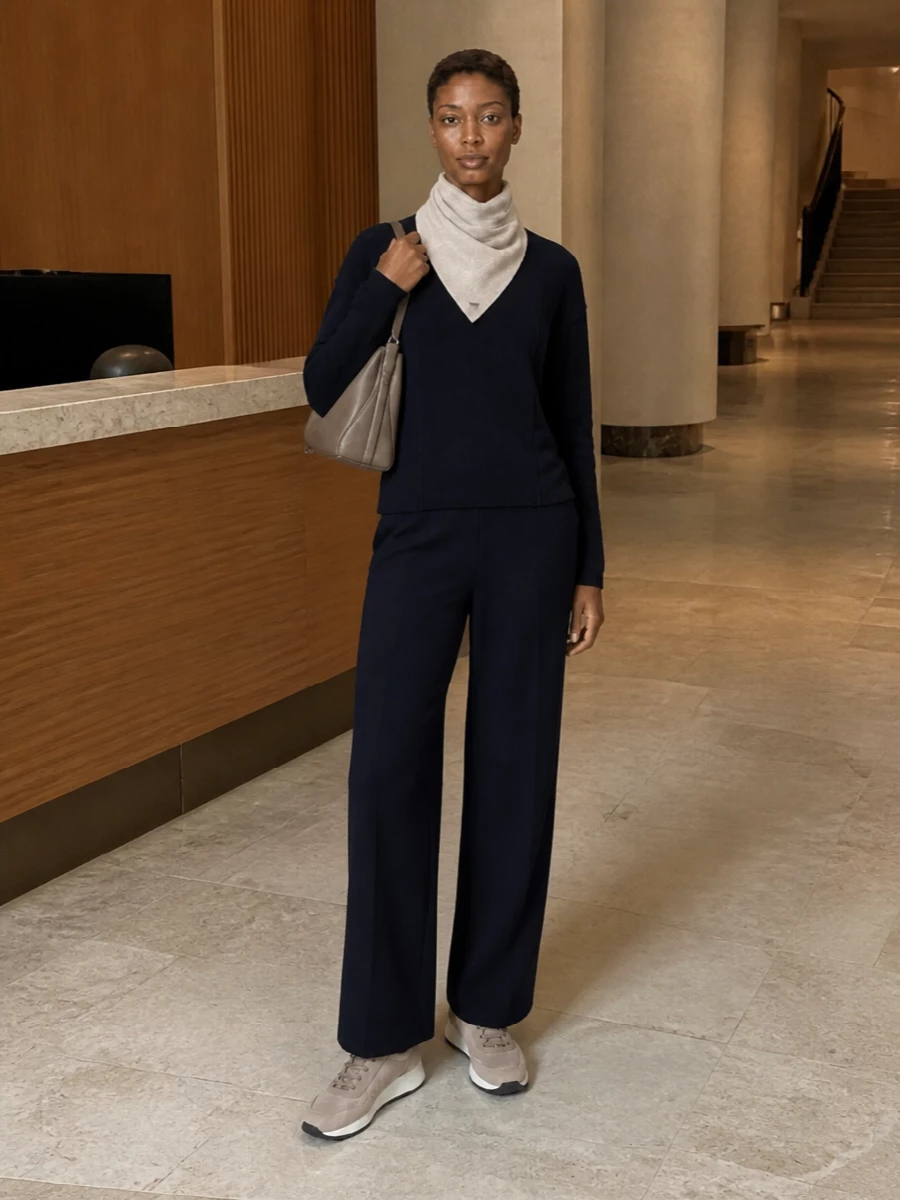 Deep navy knit with matching wide-leg trousers creates a quiet, uninterrupted column that feels calm yet purposeful. Taupe suede sneakers and a tonal shoulder bag soften the line without breaking the minimal mood. The small oatmeal kerchief lifts everything near the face, keeping the palette warm and understated for cool-season days.